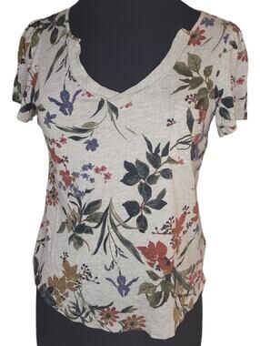 Maeve Anthropologie Womens XS Gray Floral V Neck Pocket Tee T-Shirt Cotton